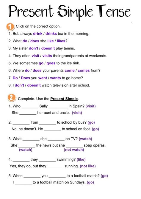 The Present Simple Tense Worksheet Is Shown In Purple And Black With An