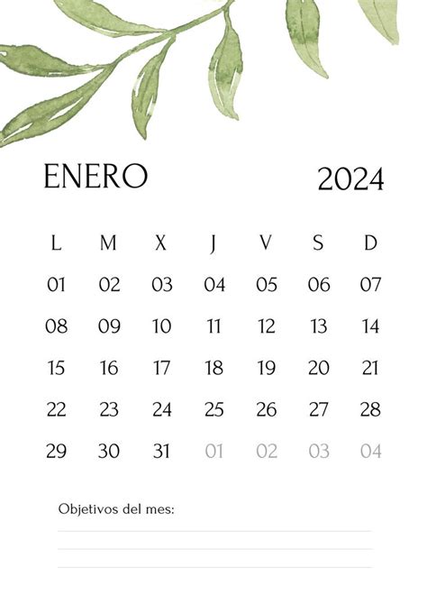 A Calendar With Green Leaves On It And The Word Enero Written In