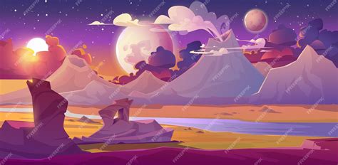 Paisaje De Planeta Alienígena Con Volcán Río Estrellas Y Lunas En El Cielo Ilustración De