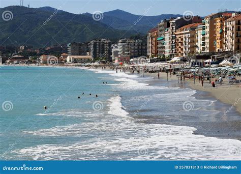 Sand And Shingle Beach And Buildings Savona Liguria Italy Stock