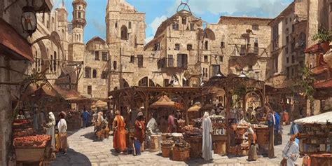 a busy medieval Mediterranean street market in the | Stable Diffusion