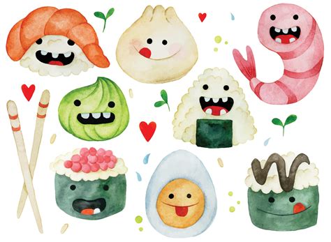 Watercolor drawing. set of cute asian food characters. funny anigiri ...