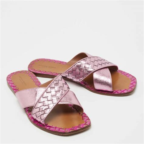 Bottega Veneta Metallic Purple Intrecciato Leather Ravello Flat Slides