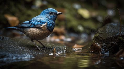 Background Burung Biru Di Sungai Dengan Bebatuan Sebagai Dahannya Ekor