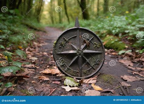 A Trail Marker Made Of Cast Iron With A Compass Rose And Arrow Pointing In The Direction Of