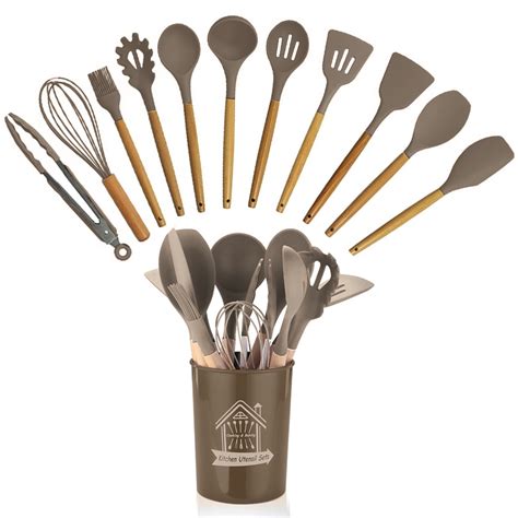 Kit Utensílios Cozinha Silicone Reforçado Colheres Cabo De Madeira