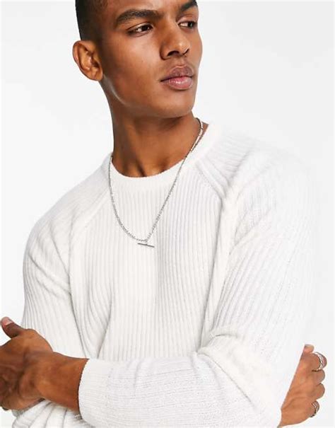 Asos Design Knitted Rib Crew Neck Jumper In White Asos