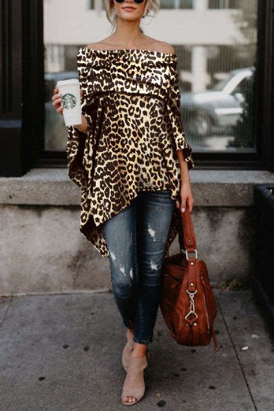 Off Shoulder Leopard Printed Asymmetric T Shirts Leopard Print