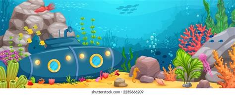 Underwater Landscape Sunken Submarine Bathyscaphe Cartoon Stock Vector ...