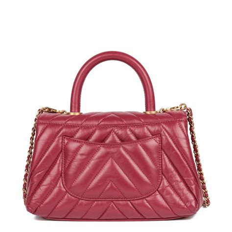 Chanel Red Chevron Aged Calfskin Leather Small Coco Top Handle For Sale