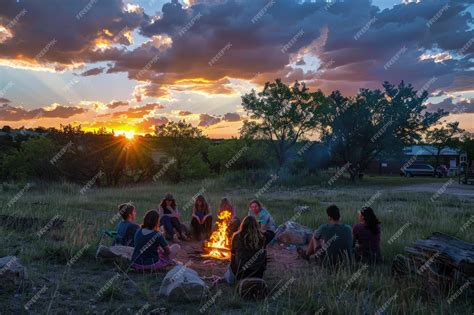 Premium Photo A Group Of People Sitting Around A Fire Pit