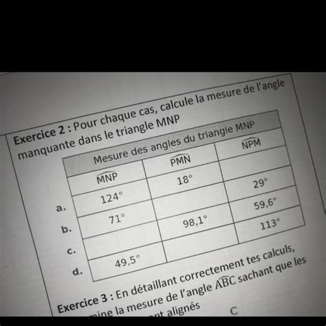 Exercice 2 Pour Chaque Cas Calcule La Mesure De L Angle Manquante