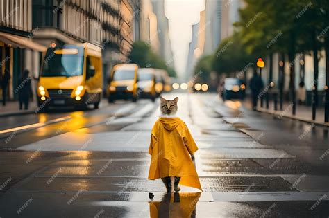 Premium AI Image | a cat in a raincoat with a yellow raincoat on the ...