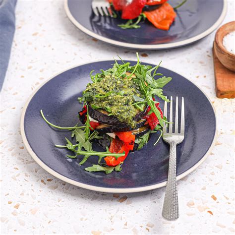 Roasted Eggplant Stacks With Goats Cheese Pesto And Capsicum Recipe Woolworths