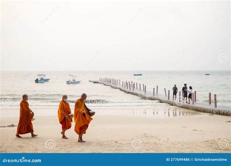 Monk Walking On Ao Wong Deuan Beach Mu Koh Samet Rayong Gulf Of