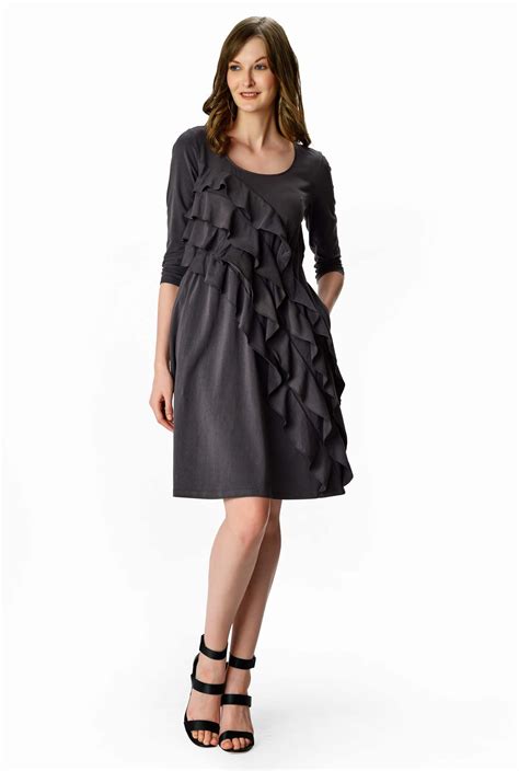 Shop Asymmetric Ruffle Cascade Cotton Knit Dress Eshakti