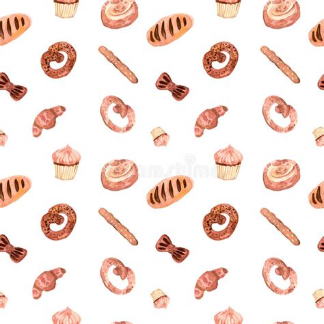 Hand Drawn Seamless Pattern Of Bread And Bakery Products Stock