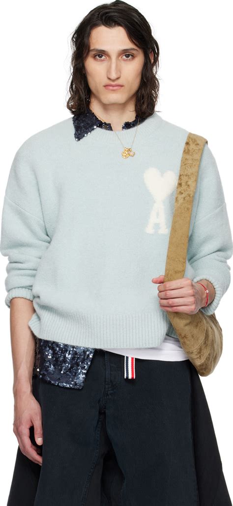 AMI Paris Blue Ami De Cœur Sweater SSENSE UK