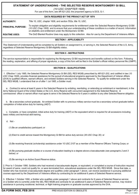 Da Form Statement Of Understanding The Selected Reserve