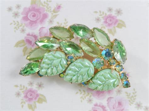 Vintage Green Rhinestone And Molded Glass Leaf Brooch Pin Vintage