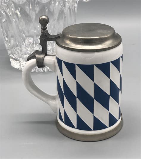 Vintage German Porcelain Stein With Zinn Pewter Lid Blue And Etsy