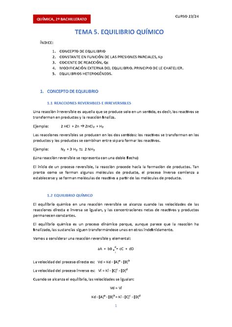 Apuntes Tema 5 Equilibrio QuÃ Mico QuÍmica 2º Bachillerato Tema 5