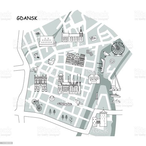 Vector Line Hand Drawn Illustrated Map Of Gdansk Old Town Poland