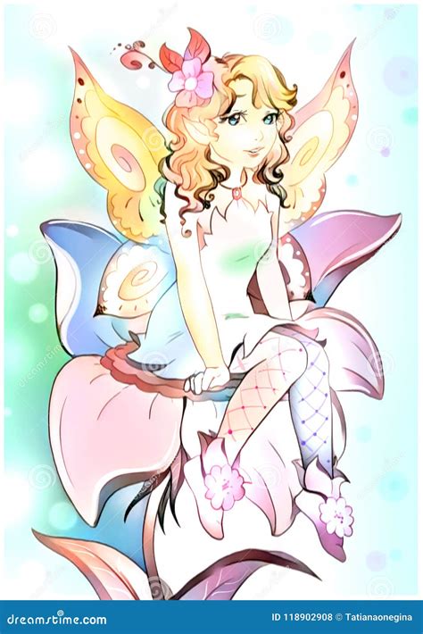 Flower Fairy Sitting On A Flower Artistic Color Illustration Stock