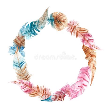 Wreath Of Hand Drawn Watercolor Feather Stock Illustration