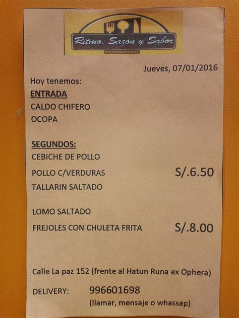 Carta Del Restaurante Ritmo Saz N Y Sabor Huacho