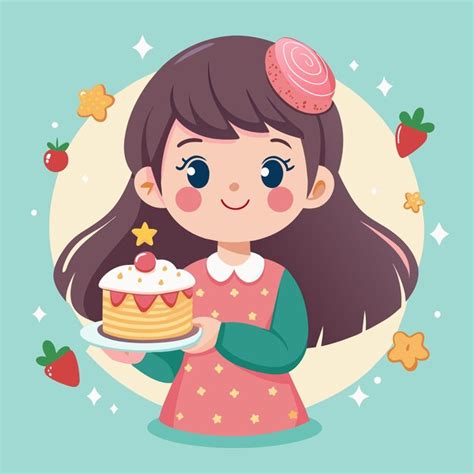 Cute Girl Holding Cake Sweet Food Birthday Celebration Character Hand