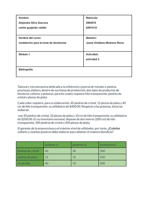 Act 2 modelación para la toma de decisiones Nombre Alejandra Silva