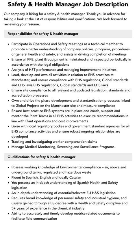 Safety And Health Manager Job Description Velvet Jobs