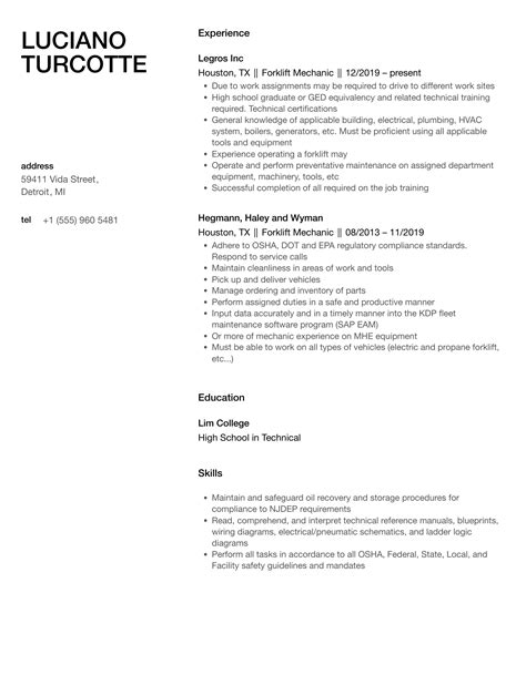 Forklift Mechanic Resume Samples | Velvet Jobs