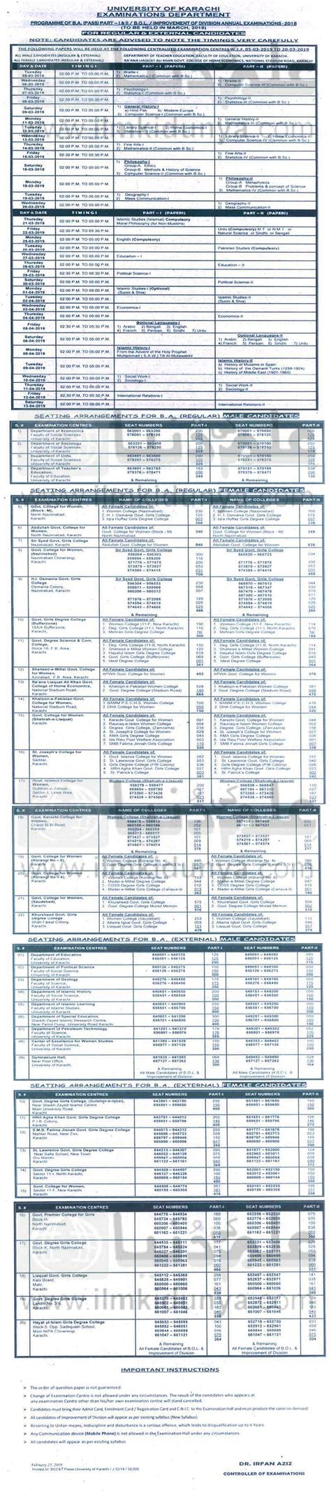 Karachi University Date Sheet 2025 BA ADP Part 1 And 2