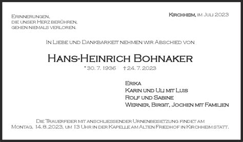 Trauer Hans Heinrich Bohnaker Teckbote Trauerportal