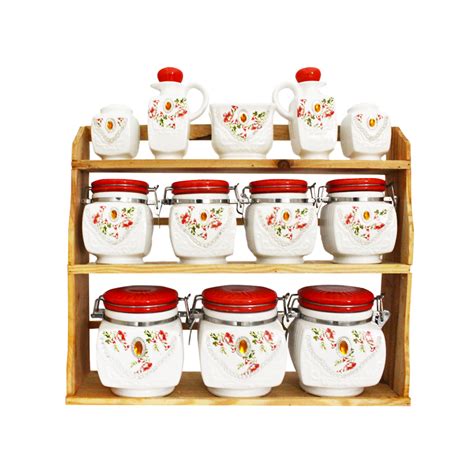 Set De Pots Pices Blanc Rouge Avec Support En Bois Sbs Ve