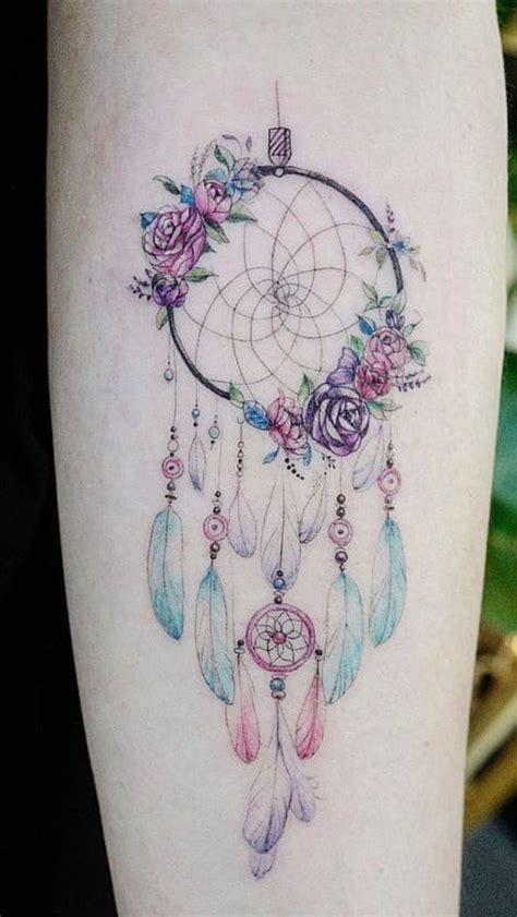 Purple Pink Blue Feathers Flowers Dream Catcher Tattoo For Men Forearm