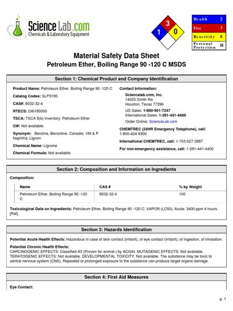 Petroleum Ether, Boiling Range 90 - 120 C MSDS: Section 1: Chemical ...