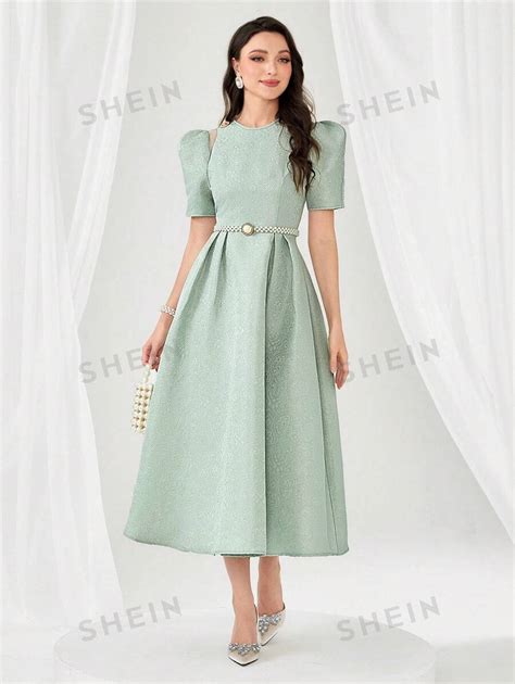 SHEIN Modely Puff Sleeve Jacquard Dress Without Belt SHEIN USA