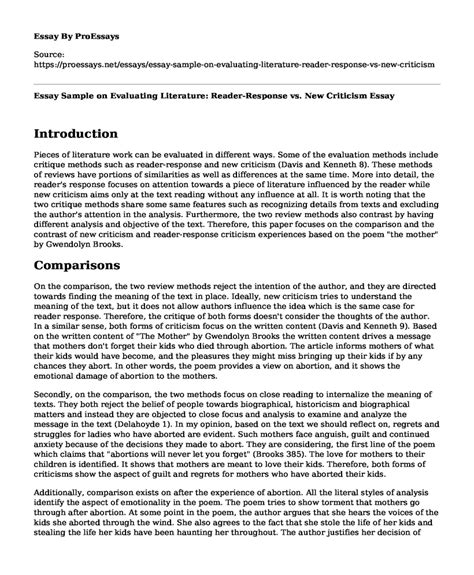 Essay Sample On Evaluating Literature Reader Response Vs New