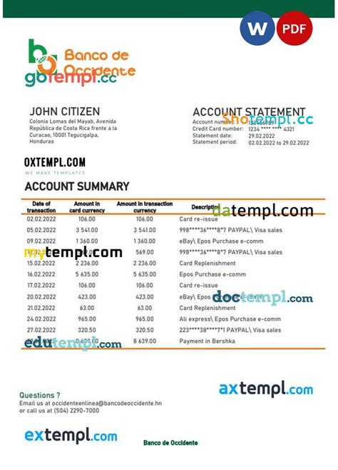 Honduras Banco De Occidente Bank Statement Template In Word And PDF