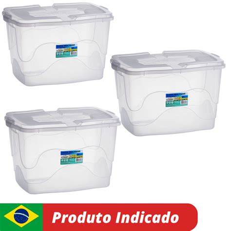 Kit 3 Caixas Organizadoras 34 Litros De Plástico Com Tampa Trava Cesto