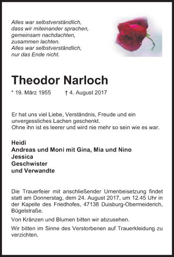 Traueranzeigen Von Theodor Narloch Trauer In NRW De