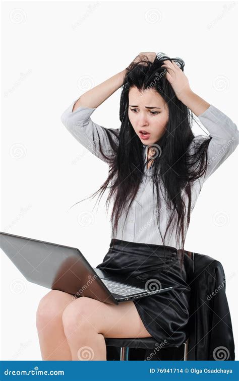 Business Woman With Headphones Sitting In Front Of Laptop White Stock