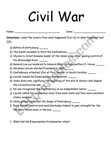 Free Printable Civil War Worksheet