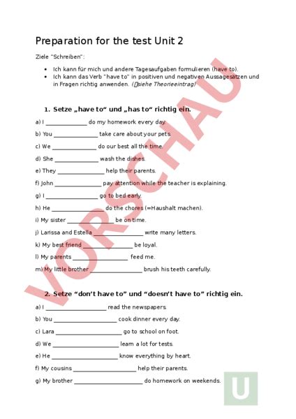 Arbeitsblatt Prüfungsvorbereitung Unit 2 Englisch Grammatik