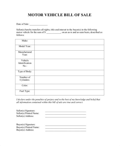 Bill Of Sale Printable Form Blank Vehicle