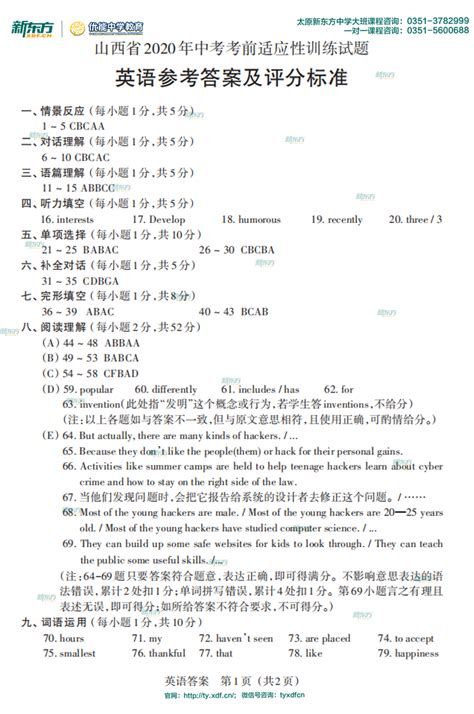 初三2020山西省中考适应性训练【英语】试卷及答案查看