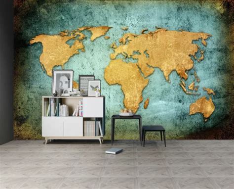 3D YELLOW GREEN A219 World Map Wallpaper Wall Mural Removable Self